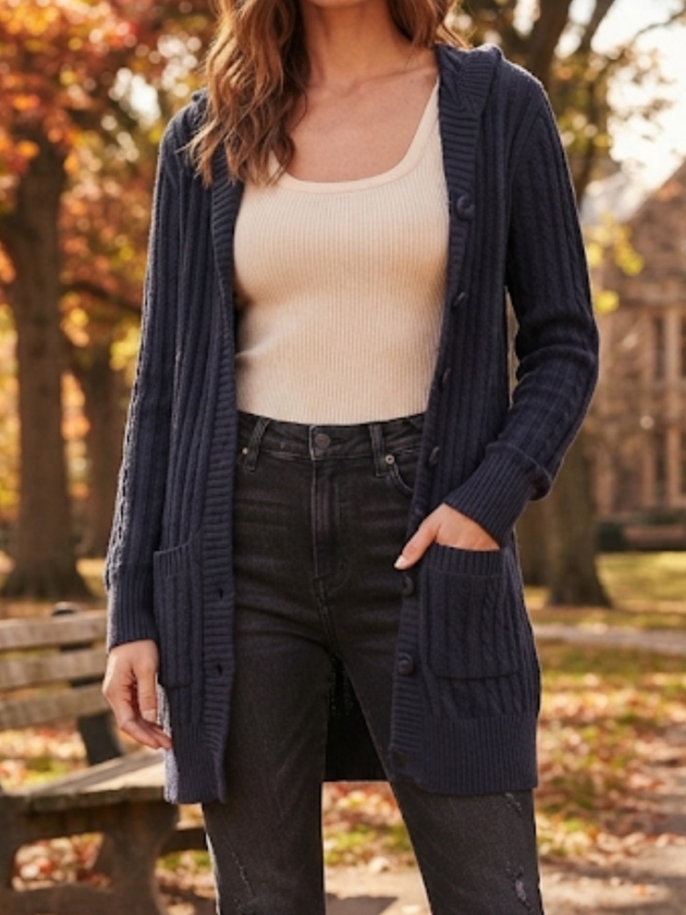 MURMUR Cableknit Buttoned Cardigan Longline Hooded Medium